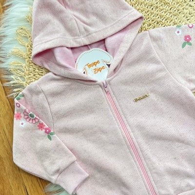  Conj. Jaqueta de Linho com Flores nas Mangas e Calça de Moletom - Rosa e Verde